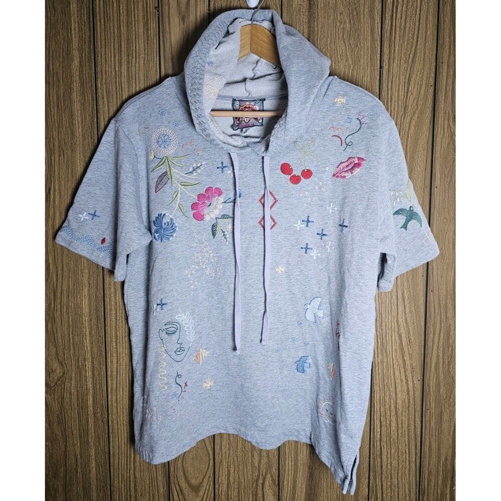 Johnny Was Cleo Short Sleeve French Terry Hoodie Size Medium Grey Embroidered